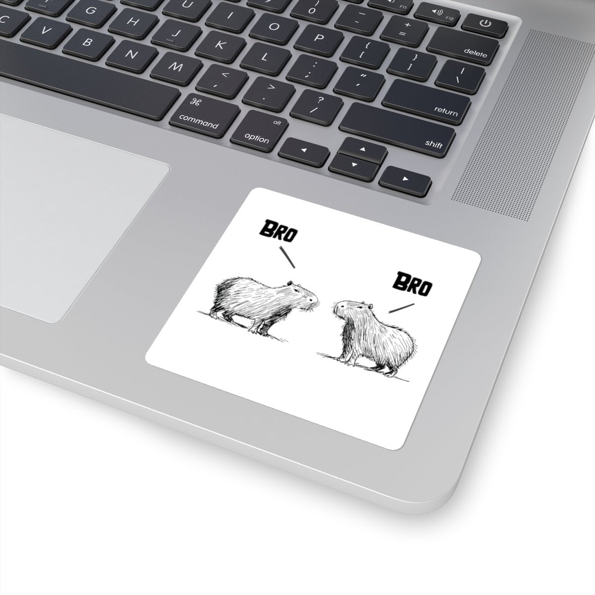 Capy Life Bro Bro capybara vinyl sticker featuring a hand-drawn sketch of two capybaras on a laptop surface.