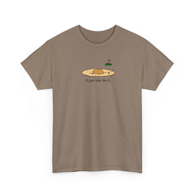 Capy Life brown heavy cotton t-shirt featuring a funny illustration of a capybara in a sand trap with golf text.
