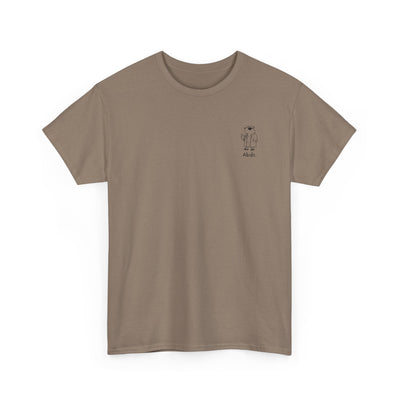 Capy Life brown heavy cotton t-shirt featuring a small left chest graphic of a capybara in a robe with the word Abide.