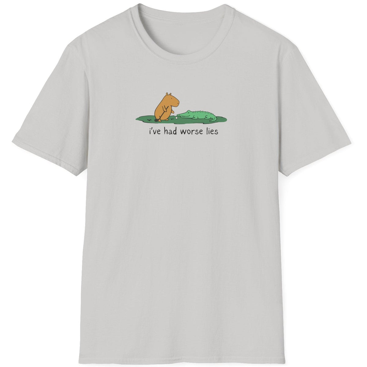 Capy Life light grey softstyle t-shirt featuring a hand-drawn capybara and alligator with I've Had Worse Lies text.