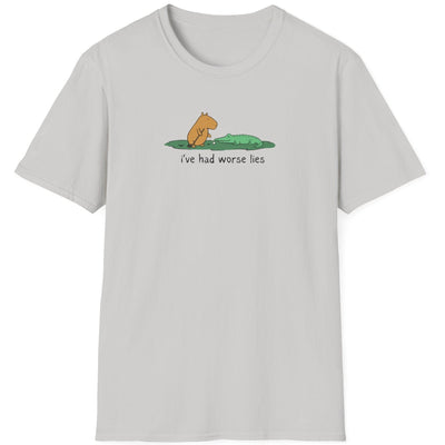 Capy Life light grey softstyle t-shirt featuring a hand-drawn capybara and alligator with I've Had Worse Lies text.