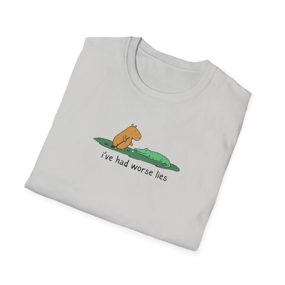 Capy Life softstyle t-shirt in light grey featuring a hand-drawn capybara and alligator with I've Had Worse Lies text