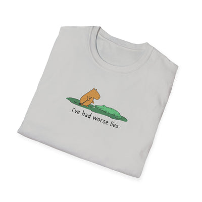 Capy Life softstyle t-shirt in light grey featuring a hand-drawn capybara and alligator with I've Had Worse Lies text