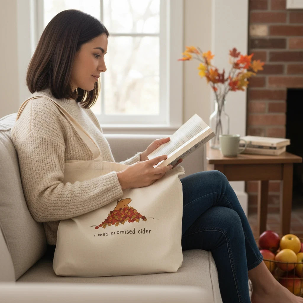 Capy Life natural canvas tote bag featuring a capybara in autumn leaves with the text I was promised cider