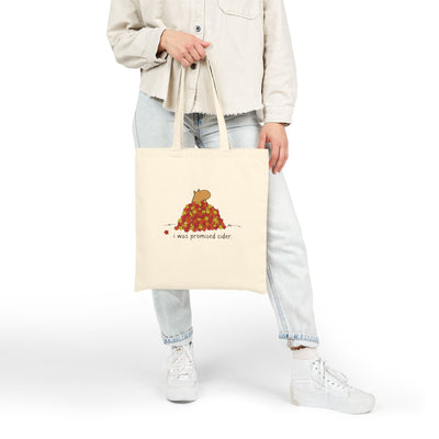 Capy Life natural canvas tote bag featuring a capybara in autumn leaves with the text I was promised cider