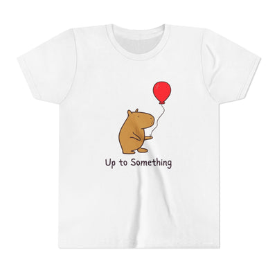 Capy Life white youth t-shirt featuring a cute capybara holding a red balloon with the text Up to Something