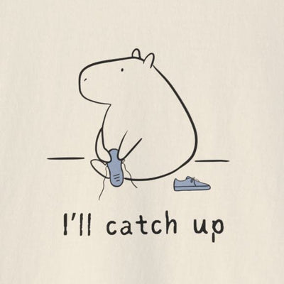 Capy Life boxy tee featuring a minimalist line drawing of a capybara tying a shoe with the text I'll catch up