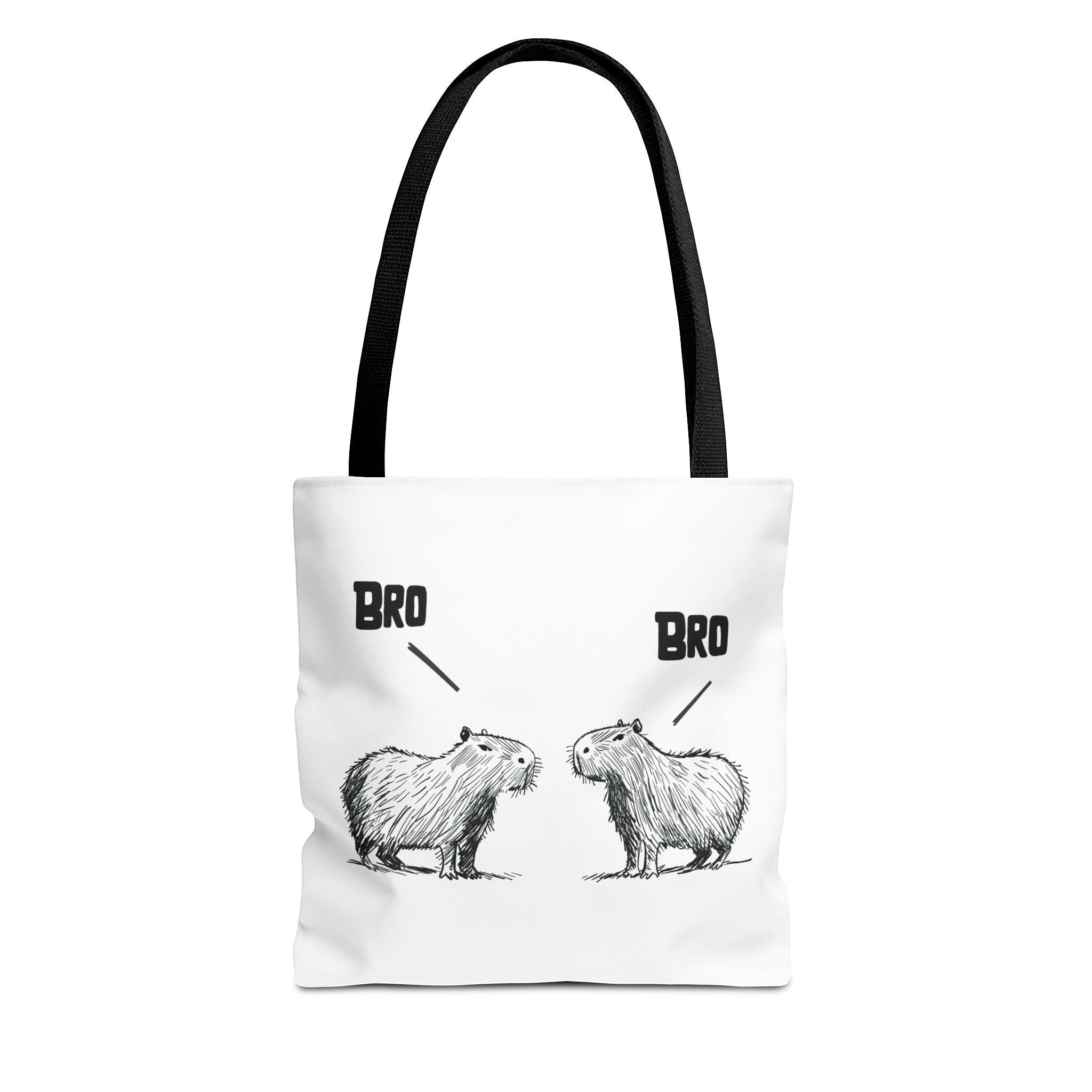 Capy Life white canvas tote bag featuring a minimalist sketch of two capybaras saying Bro to each other.