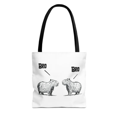 Capy Life white canvas tote bag featuring a minimalist sketch of two capybaras saying Bro to each other.