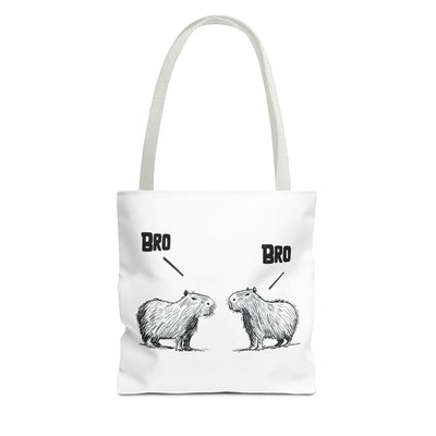Capy Life premium white canvas tote bag featuring a minimalist sketch of two capybaras saying Bro to each other.