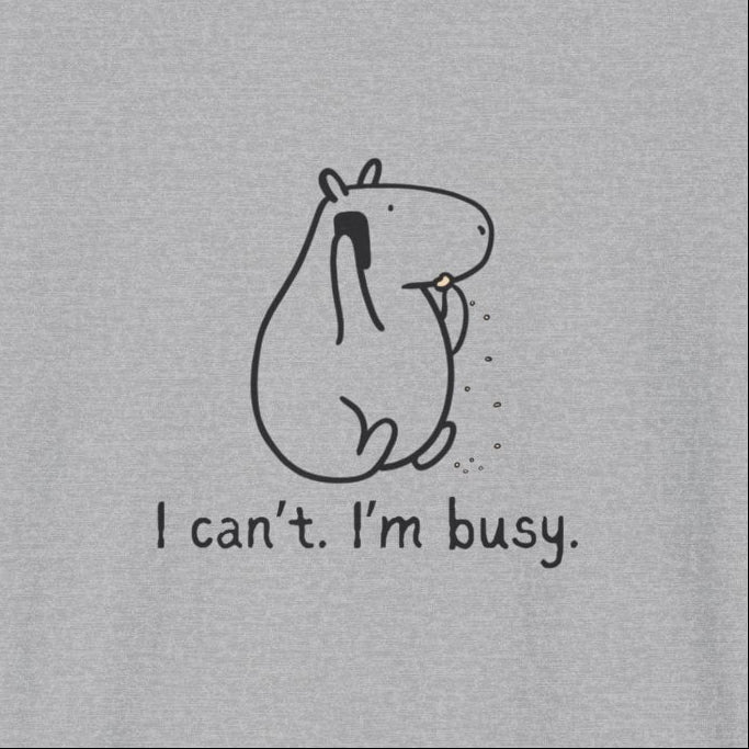 Capy Life grey softstyle t-shirt featuring a minimalist line drawing of a busy capybara with funny text