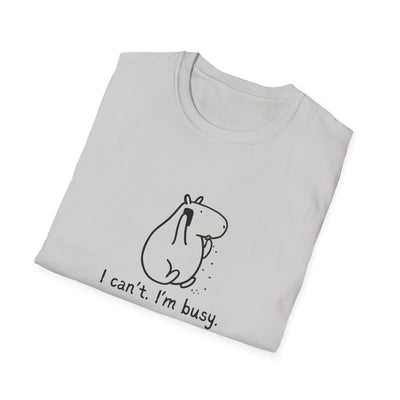 Capy Life softstyle adult tee in light grey featuring a minimalist line drawing of a busy capybara with text.