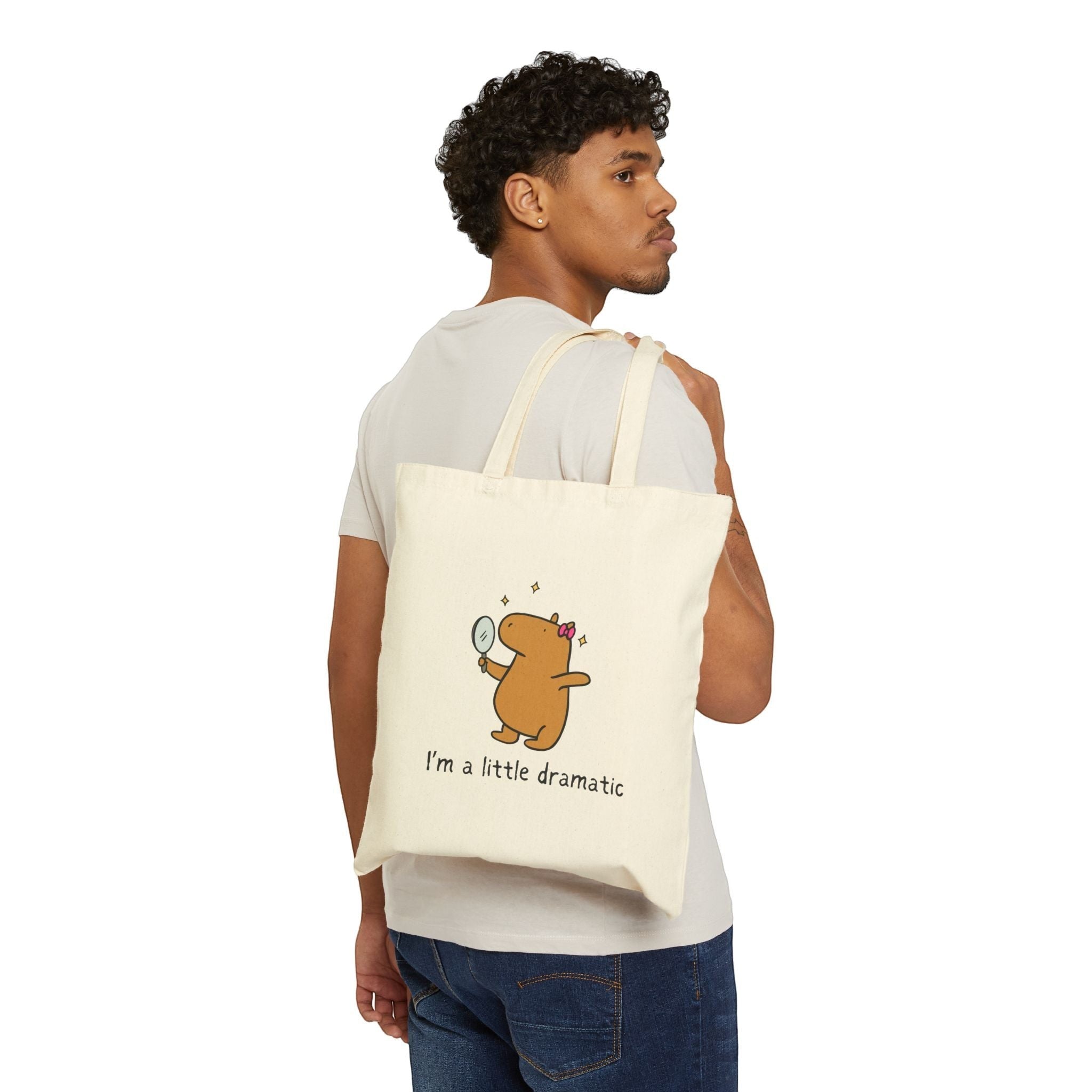 Capy Life natural cotton canvas tote bag featuring a cute capybara with a mirror and the text I am a little dramatic