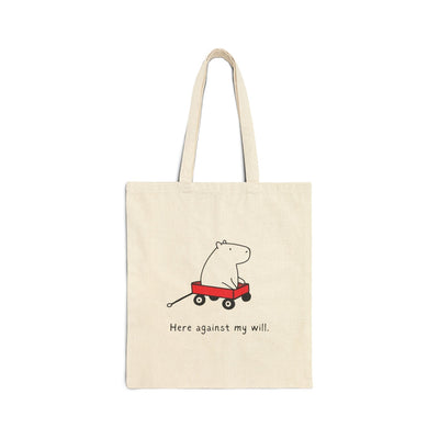 Capy Life natural canvas tote bag featuring a minimalist illustration of a capybara in a red wagon with funny text.