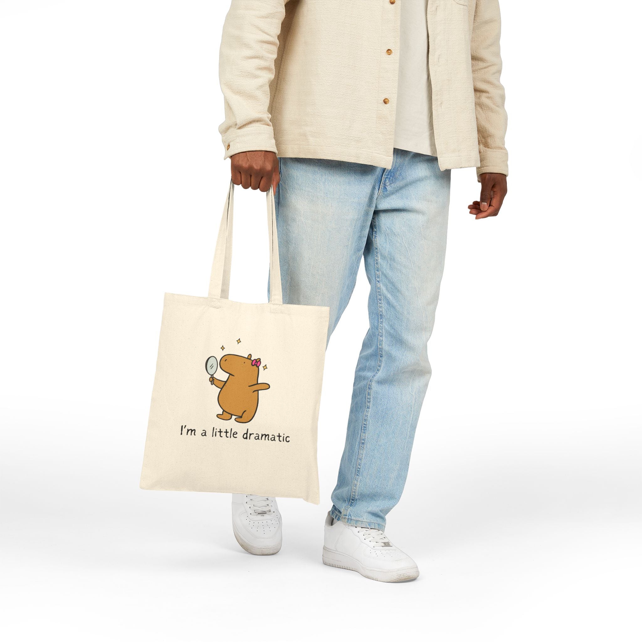 Capy Life natural cotton canvas tote bag featuring a cute capybara with a mirror and the text I am a little dramatic