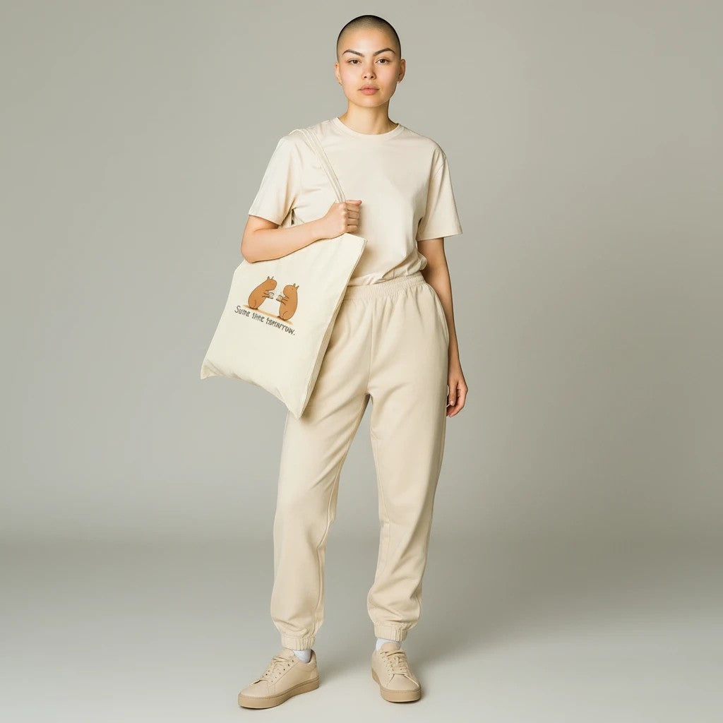 A model wearing a beige outfit carries a Capy Life canvas tote bag featuring a hand-drawn capybara coffee illustration.