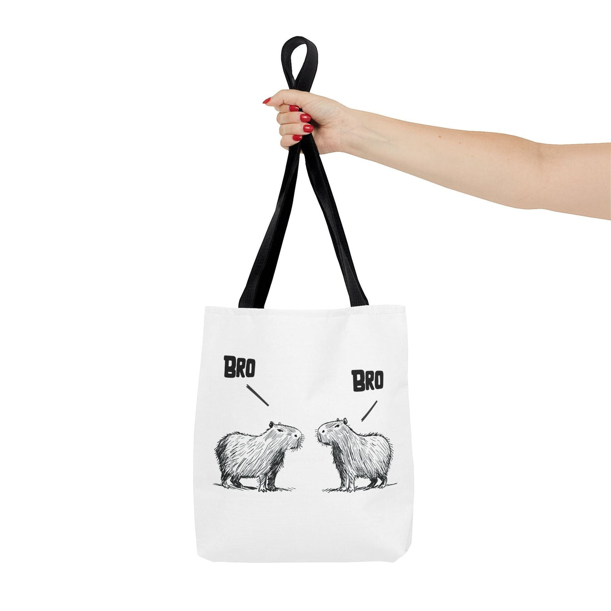Capy Life white canvas tote bag featuring a minimalist sketch of two capybaras saying bro to each other