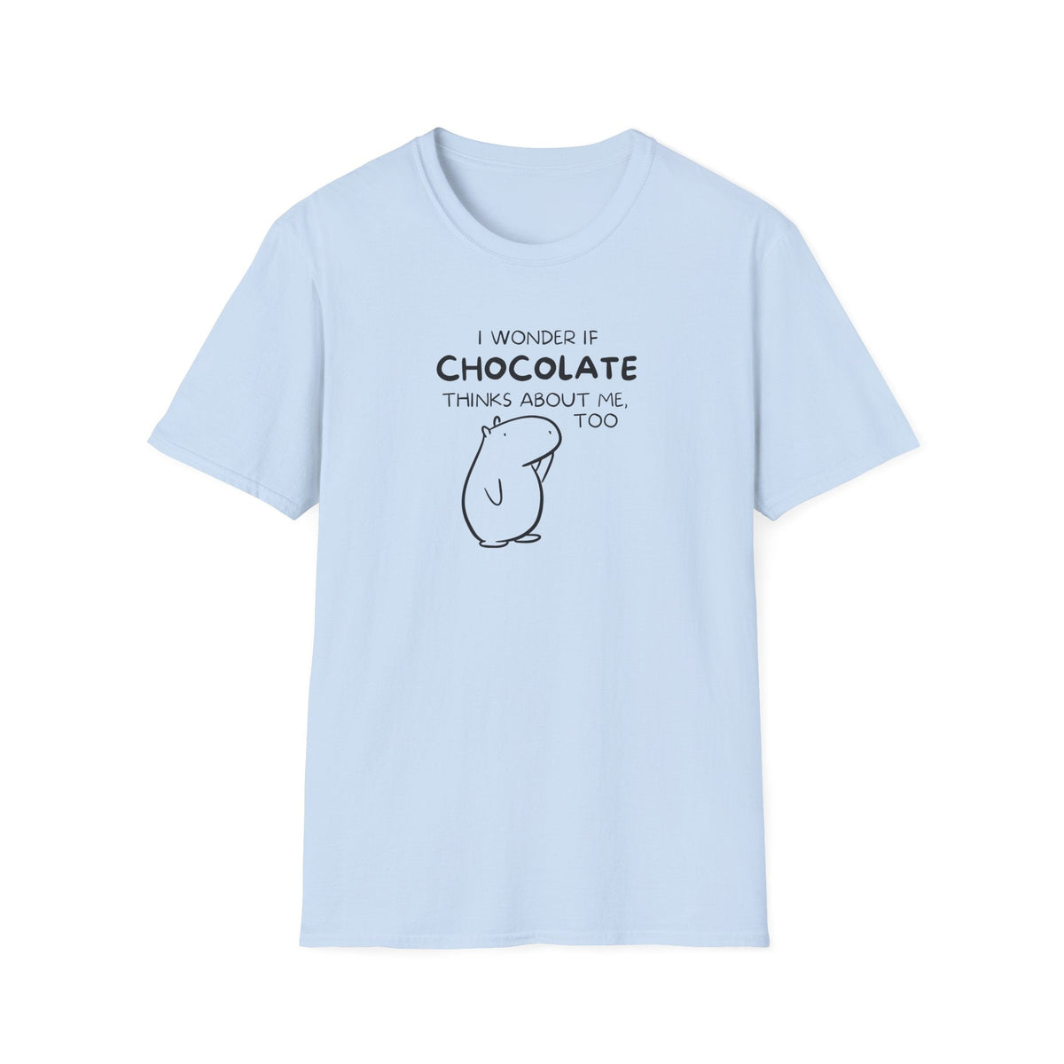 Capy Life light blue softstyle t-shirt featuring Gene the Capybara line art and funny chocolate quote text
