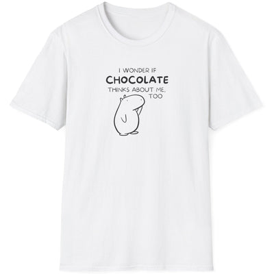 Capy Life white softstyle t-shirt featuring a black line-art capybara and the text I wonder if chocolate thinks about me