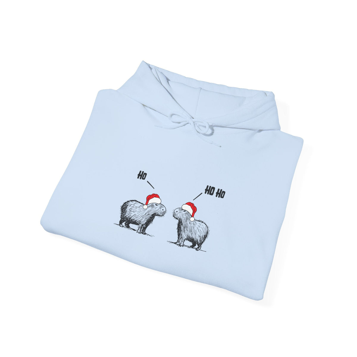 Capy Life light blue hoodie featuring two sketch-style capybaras in Santa hats saying Ho and Ho Ho for Christmas.