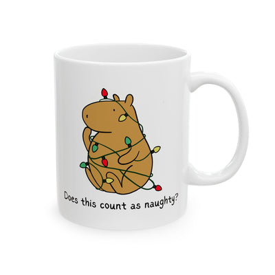 Capy Life white ceramic mug featuring a capybara tangled in colorful Christmas lights with the text Does this count as naughty?