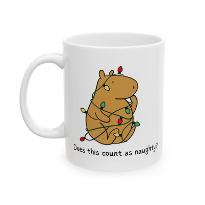 Capy Life white ceramic mug featuring a cute capybara tangled in colorful Christmas lights with funny text.