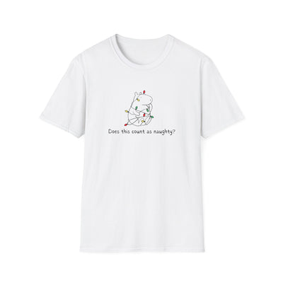 Capy Life white softstyle t-shirt featuring a hand-drawn capybara tangled in colorful Christmas lights.
