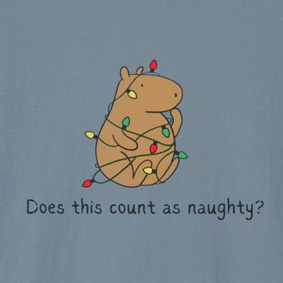 Capy Life softstyle tee featuring a hand-drawn capybara tangled in colorful Christmas lights with funny holiday text.