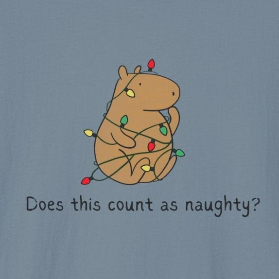 Capy Life softstyle tee featuring a hand-drawn capybara tangled in colorful Christmas lights with funny holiday text.