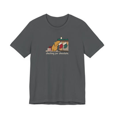 Capy Life charcoal grey softstyle t-shirt featuring a hand-drawn capybara checking a Christmas stocking for chocolate.