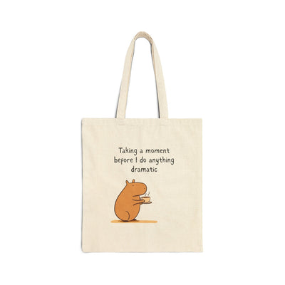 Capy Life natural canvas tote bag featuring a cute capybara illustration sipping coffee with humorous text.