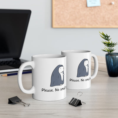 Capy Life white ceramic mug featuring a hand-drawn capybara in a blanket with the text Please No Small Talk