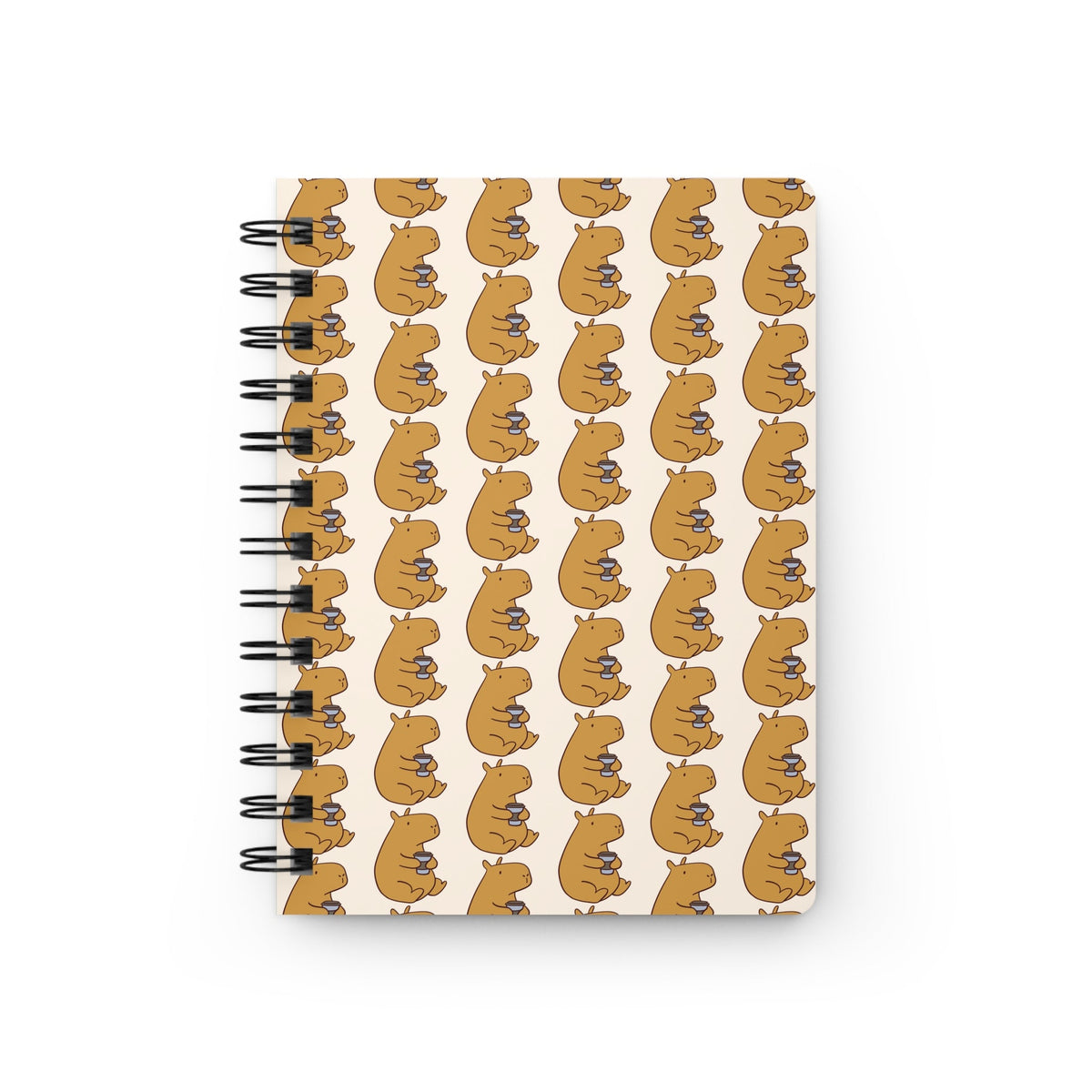 Capy Life spiral journal featuring a repeating hand-drawn pattern of brown capybaras holding coffee cups on cream