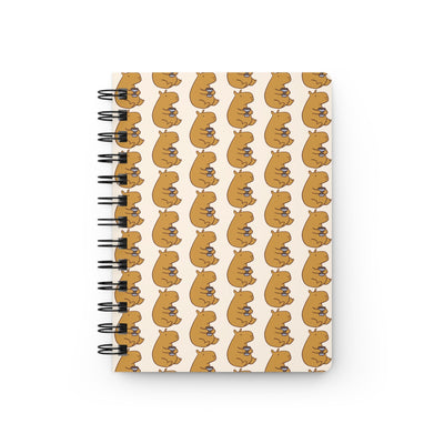 Capy Life spiral journal featuring a repeating hand-drawn pattern of brown capybaras holding coffee cups on cream