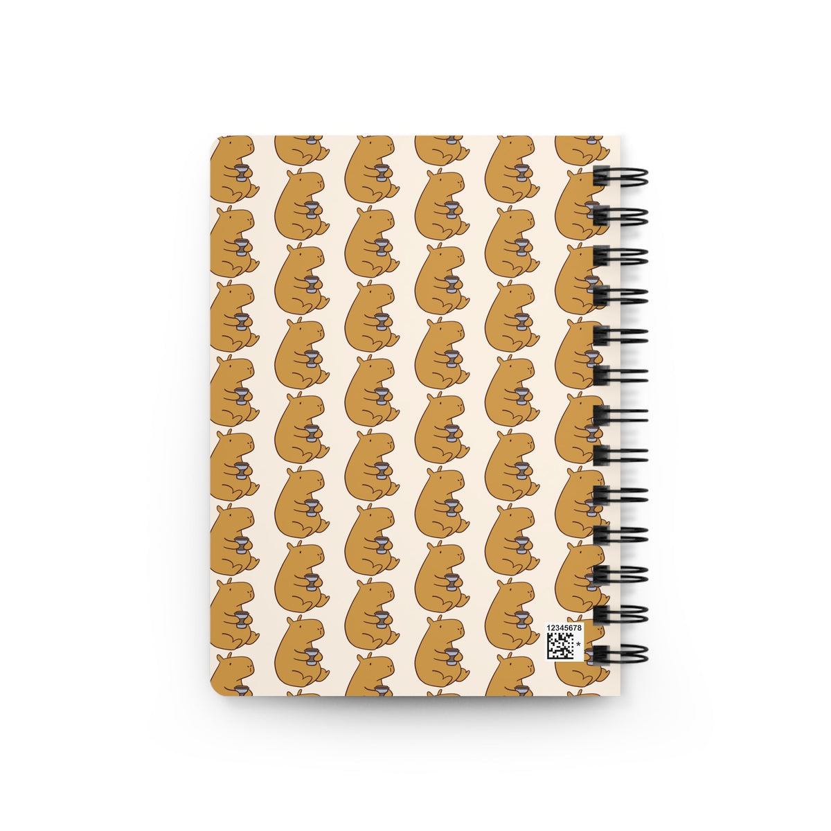 Capy Life spiral journal featuring a repeating hand-drawn pattern of brown capybaras holding coffee cups on cream