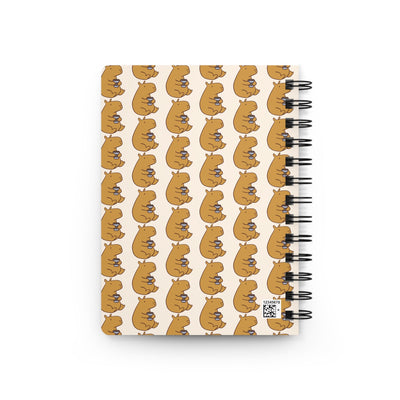 Capy Life spiral journal featuring a repeating hand-drawn pattern of brown capybaras holding coffee cups on cream