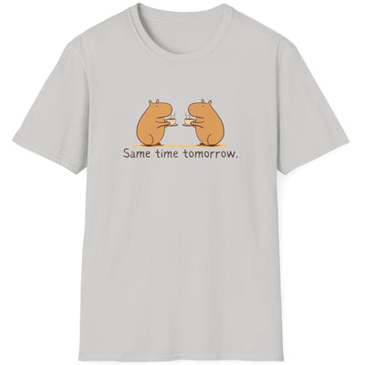 Capy Life light grey softstyle t-shirt featuring a hand-drawn illustration of two capybaras drinking coffee together.
