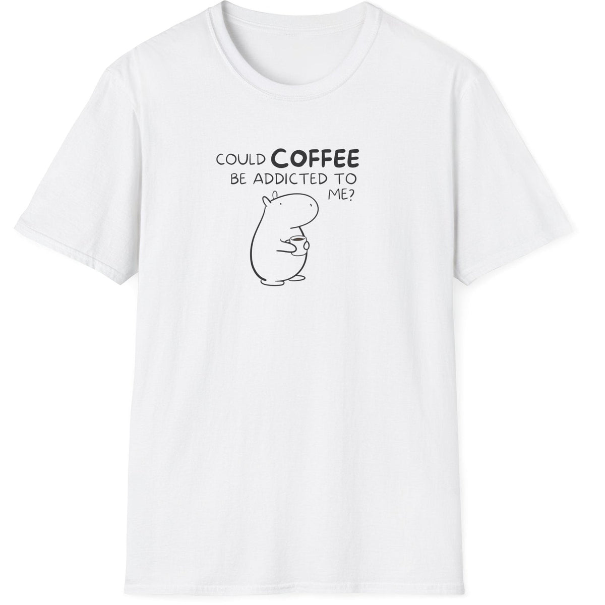Capy Life white softstyle t-shirt featuring a minimalist black line drawing of a capybara holding a coffee cup.
