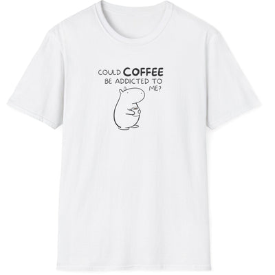 Capy Life white softstyle t-shirt featuring a minimalist black line drawing of a capybara holding a coffee cup.