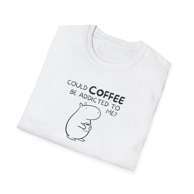 Capy Life white softstyle t-shirt featuring a minimalist black line drawing of Gene the capybara holding a coffee cup.