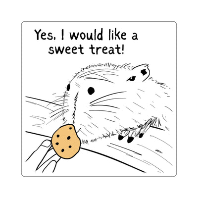 Capy Life sticker featuring a hand-drawn capybara reaching for a cookie with the text Yes, I would like a sweet treat!