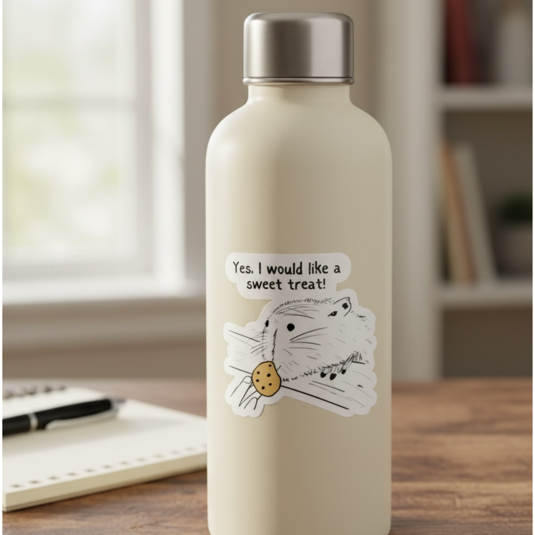 Capy Life die cut sticker on a cream water bottle featuring a capybara holding a cookie with the text Yes I would like a sweet treat