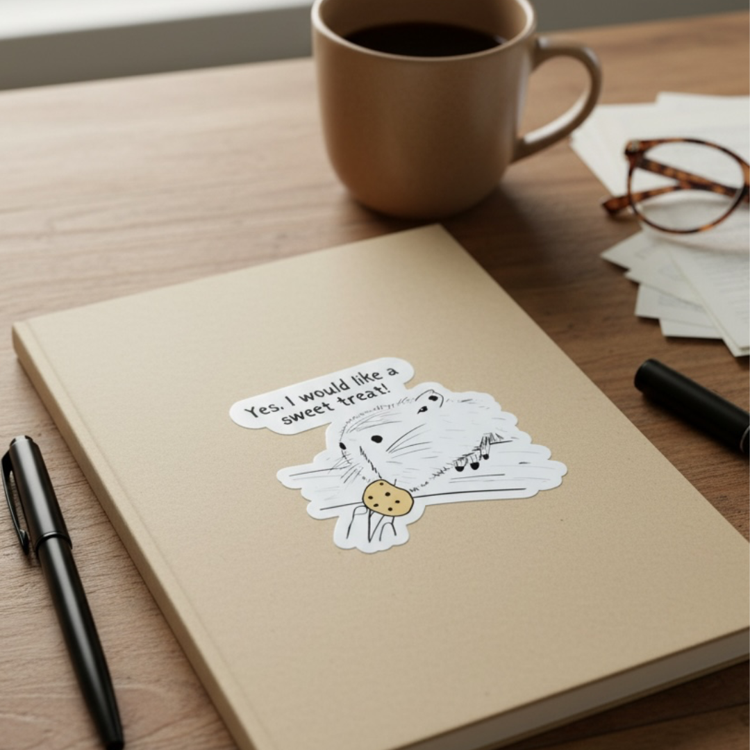 Capy Life die cut sticker of a capybara holding a cookie with the text Yes I would like a sweet treat on a notebook