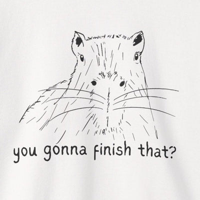 Capy Life crewneck sweatshirt featuring a hand-drawn black and white capybara with the text You gonna finish that
