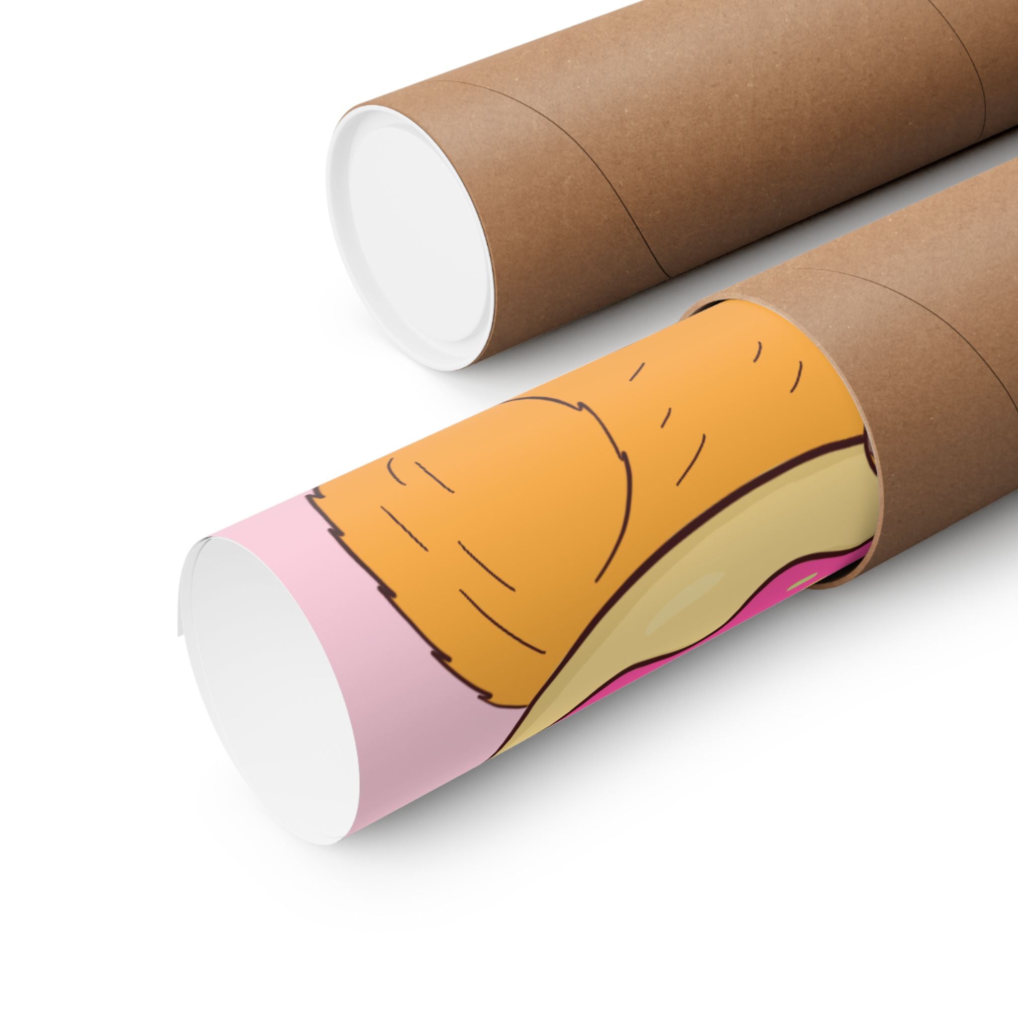 Capy Life wall art print featuring a cute capybara and donut illustration, rolled inside a protective cardboard tube.