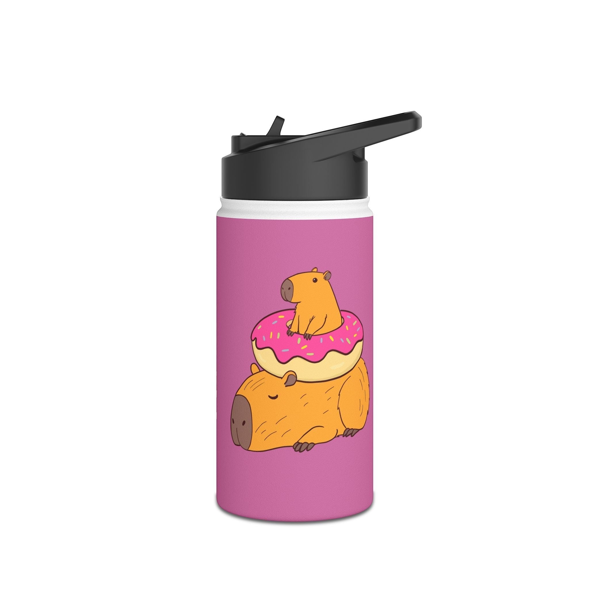 Capy Life 12oz insulated stainless steel water bottle featuring a cute capybara sitting on a donut with a flip straw lid