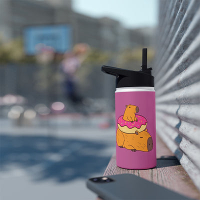 Capy Life 12oz stainless steel water bottle featuring a cute capybara sitting on a pink donut with a flip straw lid.