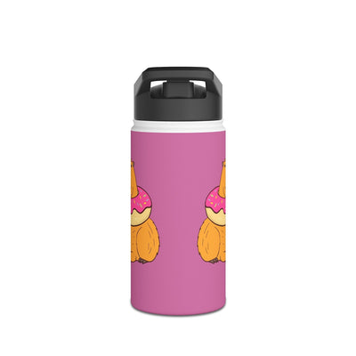 Capy Life 12oz insulated stainless steel kids water bottle featuring a cute capybara in a donut on a pink background.