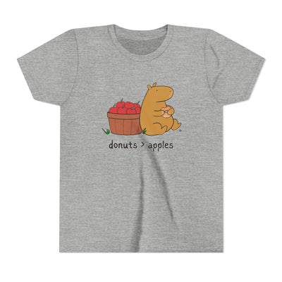 Capy Life youth t-shirt in heather grey featuring a capybara eating a cider donut next to a basket of red apples.