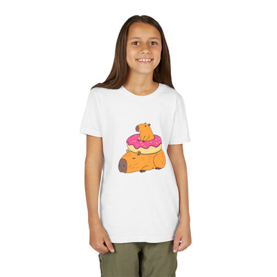 Capy Life youth white cotton t-shirt featuring a cute graphic of two capybaras and a pink donut